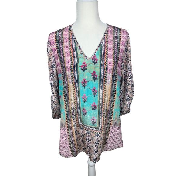 Tolani 100% Silk Printed Tunic Top Roll Tab Sleeves Beach Resort Vacation Large - Picture 1 of 14